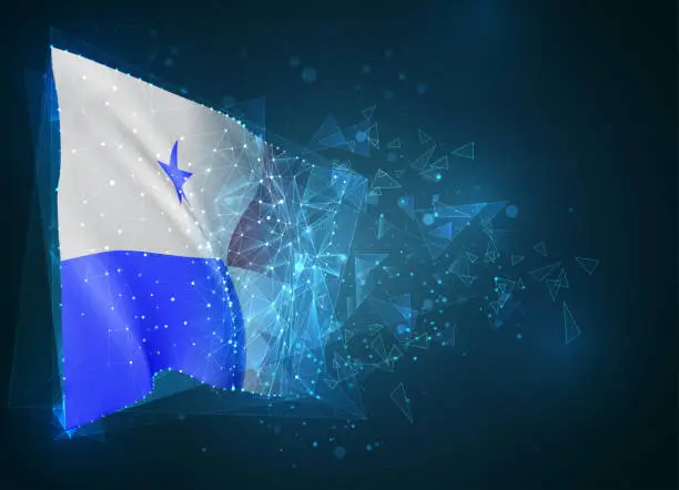 Vector illustration of Panama,  vector flag, virtual abstract 3D object from triangular polygons on a blue background