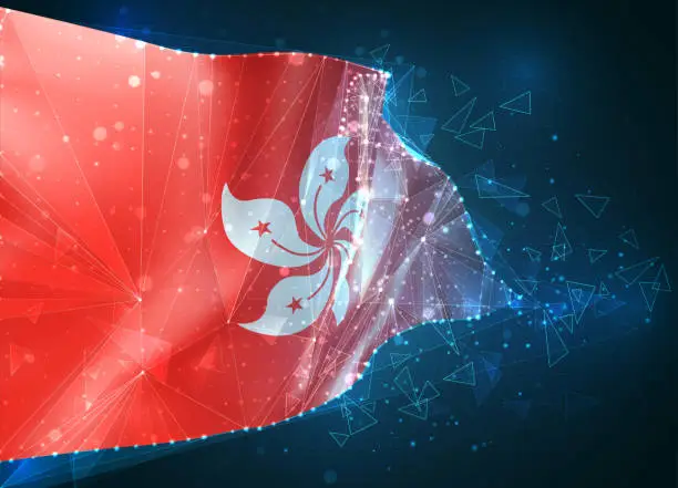 Vector illustration of Hong Kong,  vector flag, virtual abstract 3D object from triangular polygons on a blue background