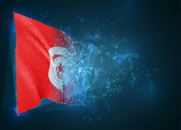 Vector illustration of Tunisia,  vector flag, virtual abstract 3D object from triangular polygons on a blue background