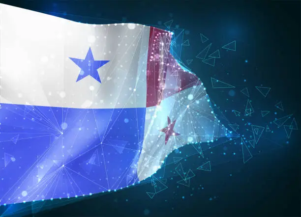 Vector illustration of Panama,  vector flag, virtual abstract 3D object from triangular polygons on a blue background