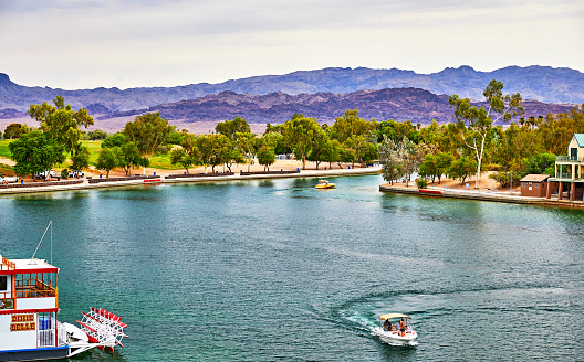 Lake Havasu, Arizona, USA - June 30, 2021: Boats on Lake Havasu, Arizona taken from the the London Bridge