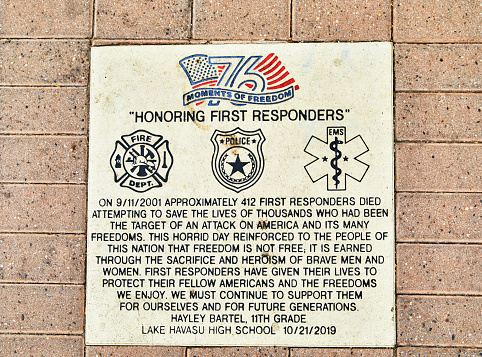 Lake Havasu, Arizona, USA - June 30, 2021: Memorial honoring first responders who sacrificed their lives during the 911 attacks on the USA