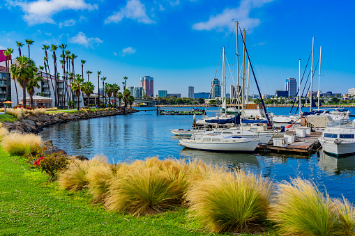 Shoreline walkway with marina and the skyline of Long Beach California