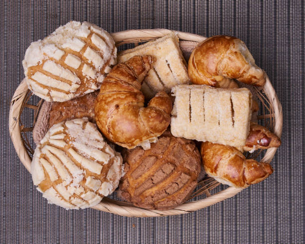 хлеб в корзине с богатым шоколадом в глиняной чашке - basket bread breakfast close up стоковые фото и изображения