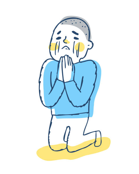 A man begging while crying Shaved head, gassho, apologize, supplication, petition, male ugly people crying stock illustrations