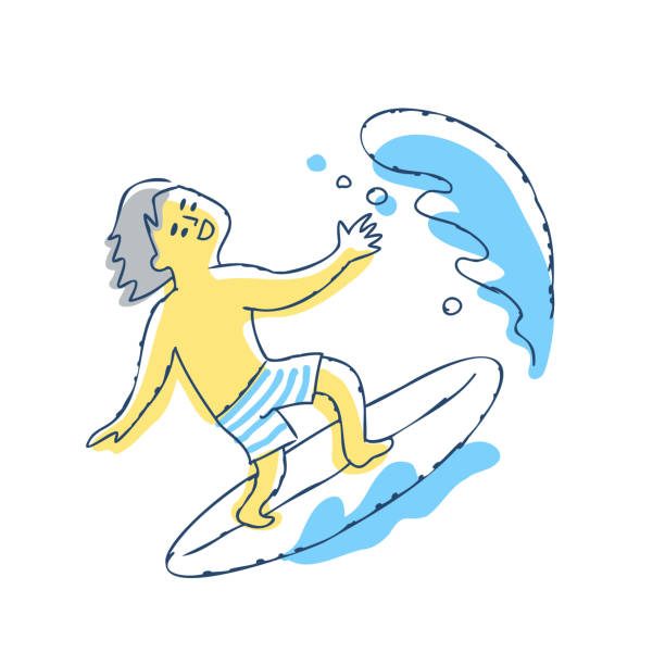 illustrazioni stock, clip art, cartoni animati e icone di tendenza di uomo che si diverte a navigare in mare - one person white background swimwear surfboard