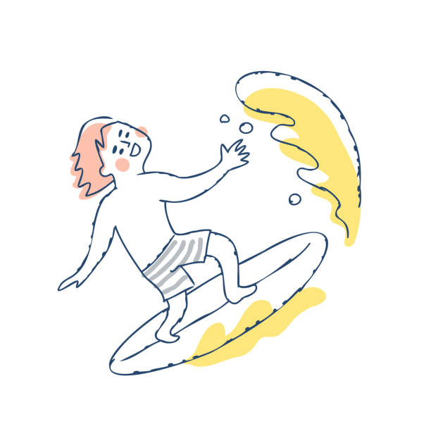 illustrazioni stock, clip art, cartoni animati e icone di tendenza di uomo che si diverte a navigare in mare - one person white background swimwear surfboard
