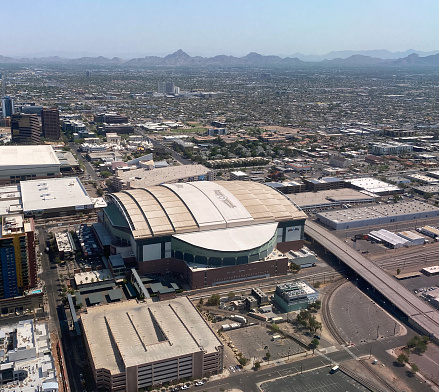 Phoenix, Arizona, USA - June 18, 2021: A view of Chase Field which is home to Major League Baseball's Arizona Diamondbacks baseball team in downtown Phoenix Arizona.
