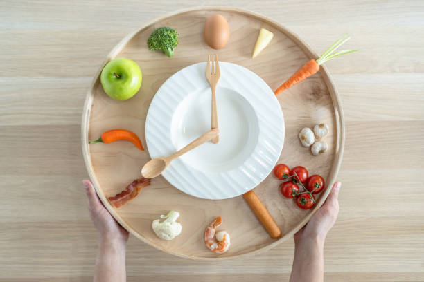istock IIntermittent fasting IF and keto diet concept with hour clock timer for eating nutritional or ketogenic food low carb, high fat and protien food meal healthy dish and skipping meal for weight loss 1326862467