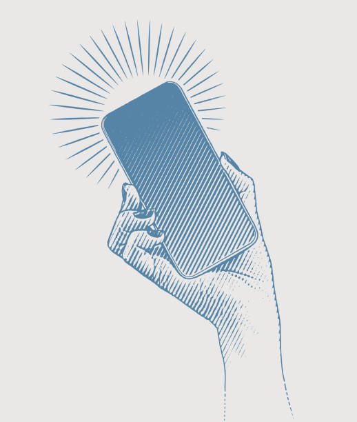스마트 폰을 들고 있는 여성의 손의 벡터 조각 - retro revival telephone human hand toned image stock illustrations