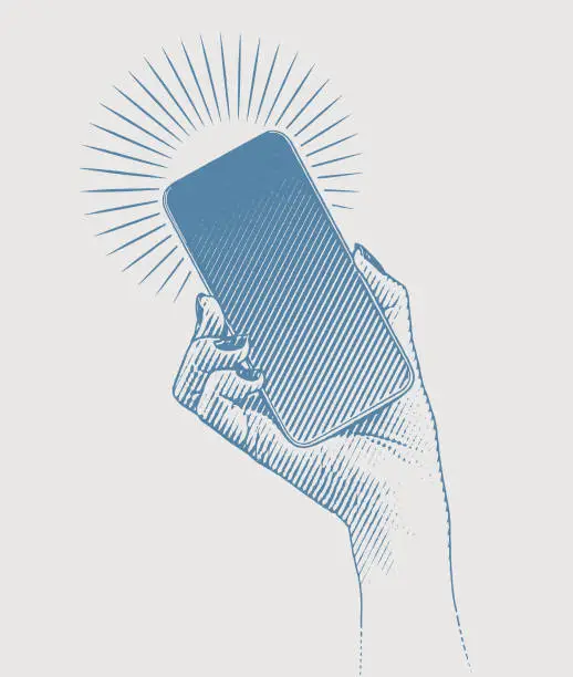 Vector illustration of Vector engraving of a woman's hand holding smart phone