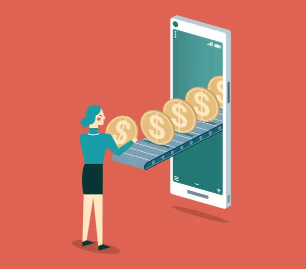 Vector illustration of Online Money - smartphone - businesswoman