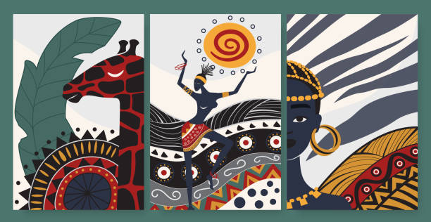 ilustrações de stock, clip art, desenhos animados e ícones de african people dance in ethnic abstract tribal pattern set, folk traditional ornament - female animal