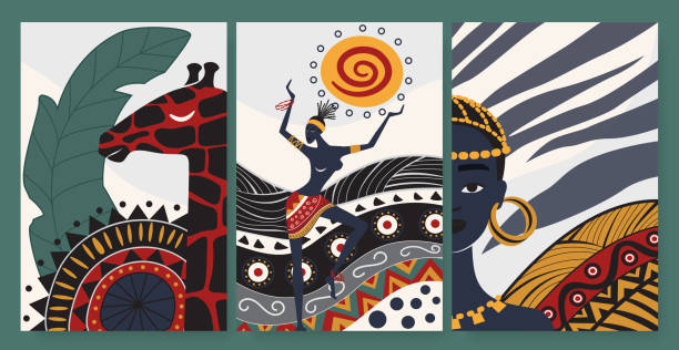 African people dance in ethnic abstract tribal pattern set, folk traditional ornament African people dance in ethnic abstract tribal pattern vector illustration set. Folk traditional ornament, giraffe and dancers from Africa, vertical social media stories template, wall art design indigenous culture illustrations stock illustrations