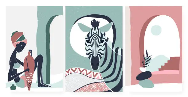 Vector illustration of African boho tribe people and zebra animal, summer poster wall art print set template