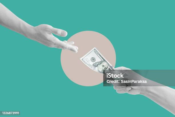 Digital Collage Modern Art Hand Giving And Receiving Cash Stock Photo - Download Image Now
