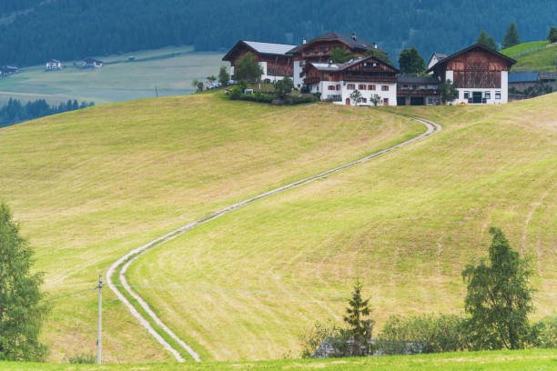 istock Panoramic view of pathway to old village on Dolomites mountain with empty light-green field , Italy 1326876647