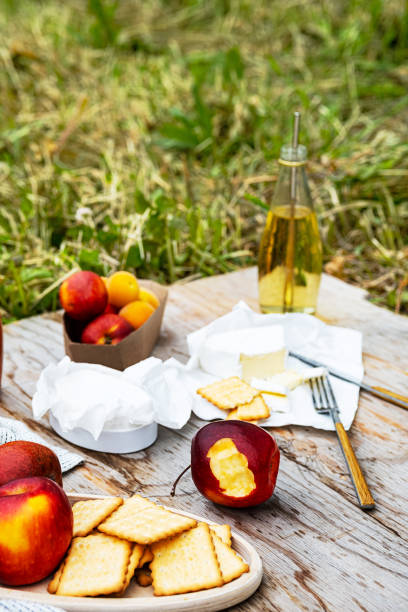 istock Summer picnic vacation. Summertime eco picnic setting, various fruits, cheese and drinks. Copy space, selective focus. 1326883844