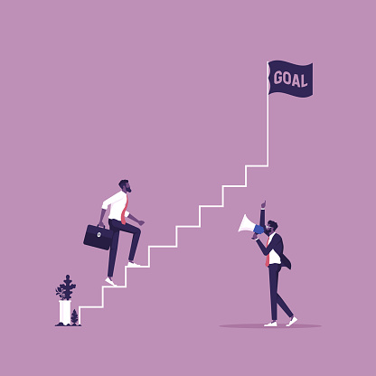 Coaching concept illustration-Achieve your business goals at work, Businessman in career promotion concept with stairs