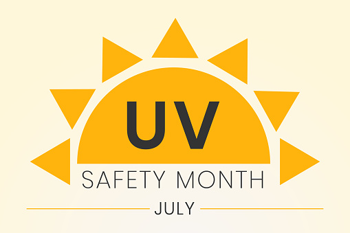 UV safety awareness month. Annual celebration in July. Concept of understanding damaging effects of ultraviolet light exposure for people skin. Vector illustration of banner template.