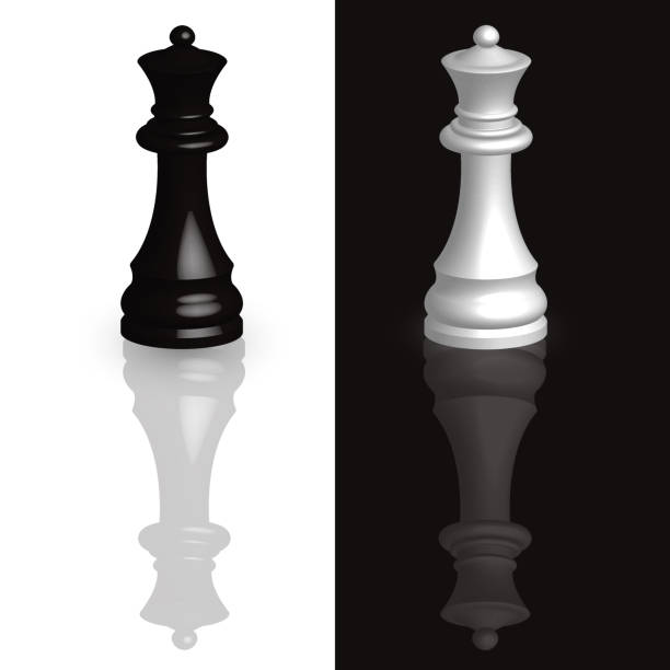 illustrazioni stock, clip art, cartoni animati e icone di tendenza di pezzo di scacchi regina in bianco e nero 3d. scacchi su sfondo bianco e nero con un'immagine speculare delle figure. illustrazione vettoriale di pezzi di scacchi 3d. - regina di scacchi
