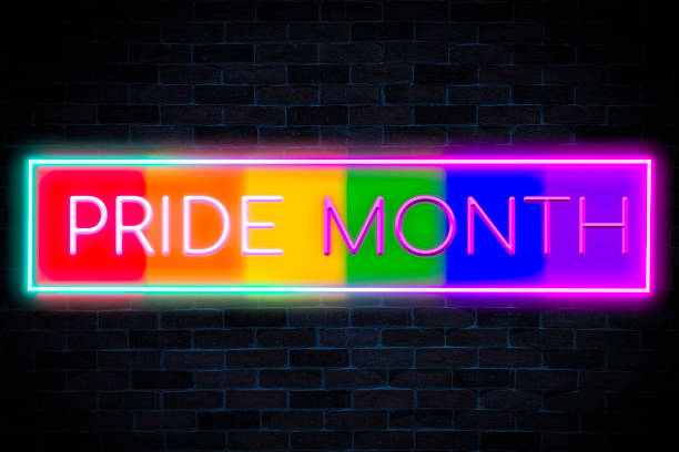 mese pride banner al neon, collezione di insegne luminose scintillanti. - neon light rainbow bright gay pride foto e immagini stock