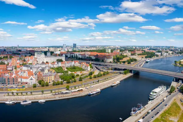 Aerial view of the Odra River, city highway and the city of Szczecin, Poland