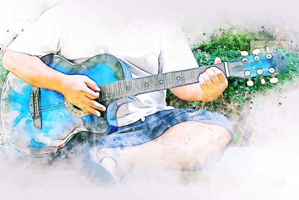 guitare acoustique colorée sur aquarelle illustration peinture fond. - 2324 photos et images de collection