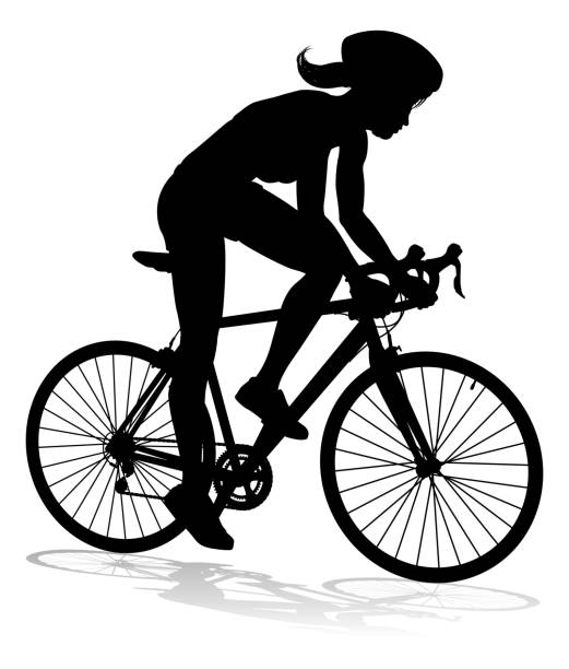 Bike and Bicyclist Silhouette Bicyclist riding their bike and wearing a safety helmet in silhouette female mountain biker silhouette stock illustrations