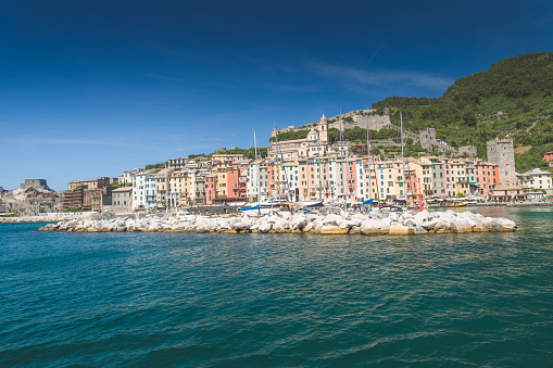 Panorama of Manarola Town the province of La Spezia in Cinque Terre , Liguria, northern Italy ,during a sunny day