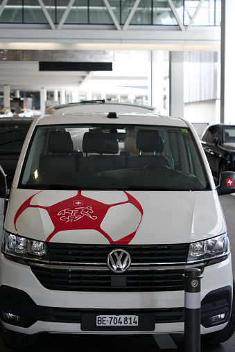 Van of the Swiss national football team at Zurich airport. Photo taken July 3rd, 2021, Zurich, Switzerland.