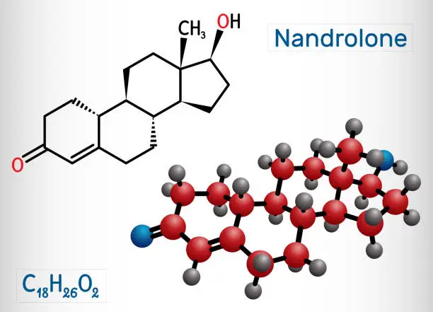 Vector illustration of Nandrolone, 19-Nortestosterone, nortestosterone molecule. It is androgen, synthetic, anabolic steroid AAS, analog of testosterone. Structural chemical formula and molecule model