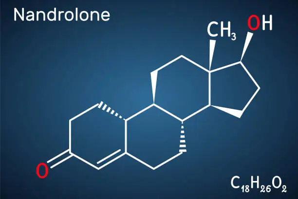 Vector illustration of Nandrolone, 19-Nortestosterone, nortestosterone molecule. It is androgen, synthetic, anabolic steroid AAS, analog of testosterone. Structural chemical formula on the dark blue background