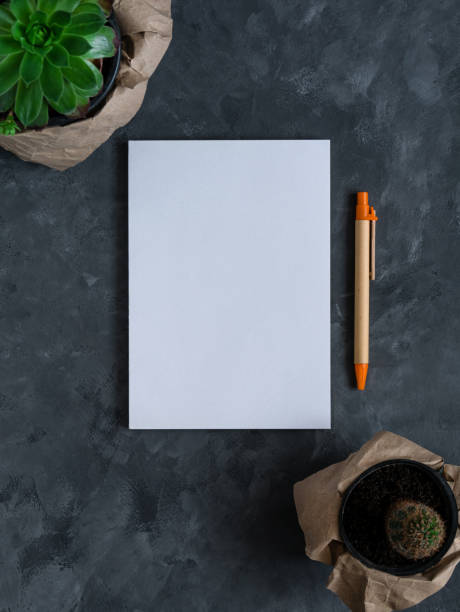 istock White blank notebook mockup dark background flat lay. Minimal work space sketchbook, paper pen, green plant top view. 1326910717