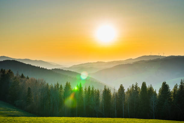 Germany, Romantic schwarzwald panorama sunset view above tree tops and foggy forest landscape of perfect german hiking tourism region stock photo