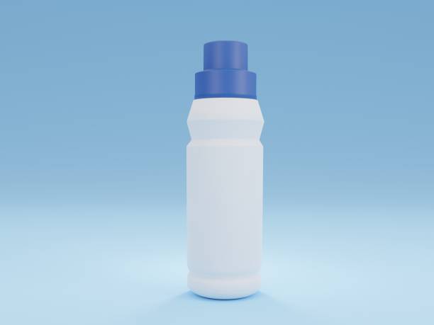 3d rendering mock up tubo di bottiglia prodotto plastica bianca con cappuccio blu e sfondo azzurro - chemical bottle cap chores foto e immagini stock