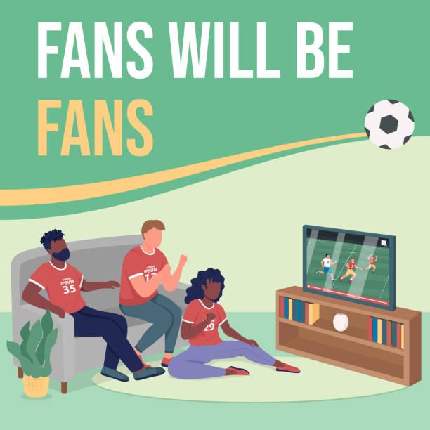 Watch sports game social media post mockup Watch sports game social media post mockup. Fans will be fans phrase. Web banner design template. Home activity booster, content layout with inscription. Poster, print ads and flat illustration men watching soccer game stock illustrations