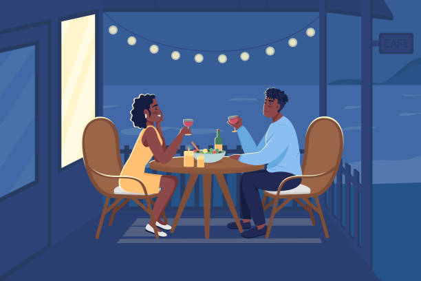 로맨틱 한 저녁 식사 야외 플랫 컬러 벡터 일러스트 - dating restaurant dinner couple stock illustrations