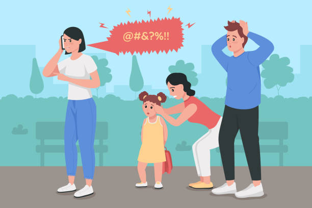 Anger management issues flat color vector illustration Anger management issues flat color vector illustration. Woman swearing on phone call. Shocked man in public space. Upset and arguing 2D cartoon characters with cityscape on background furios stock illustrations
