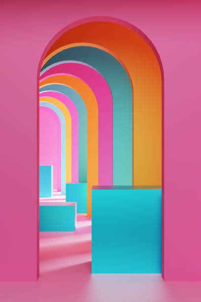 3d render of interior hall with colorfull door