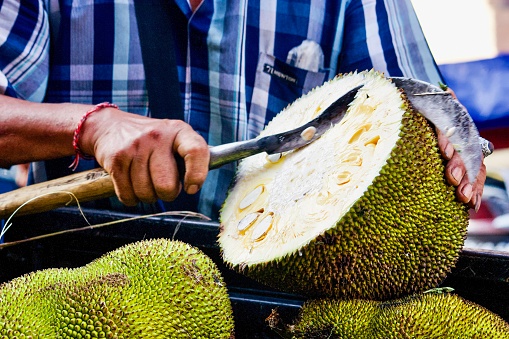 Horizontal closeup photo of a male Balinese food stall vendor, seen from the shoulders down, cutting a jackfruit into pieces with a traditional knife, for sale on his food stall at the Ubud Market in Bali