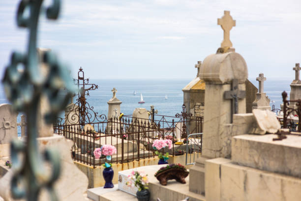 View of the Mediterranean sea from the marine cemetery of Sète (Occitanie, France) stock photo