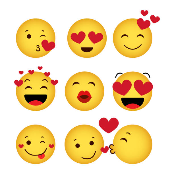 A set of yellow loving funny emoticons A set of yellow loving funny emoticons, humorous emoticons with hearts, sweet cartoon emoticons on a white background flirting stock illustrations