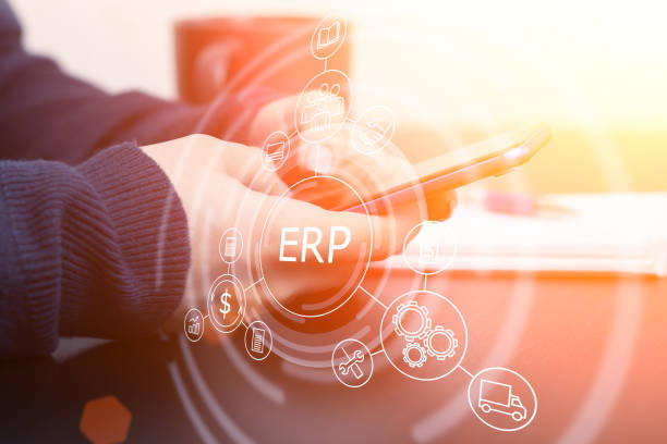 erp cloud software for management and marketing operations, strategy of planning resources and development - erp imagens e fotografias de stock