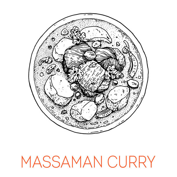 ilustraciones, imágenes clip art, dibujos animados e iconos de stock de pollo massaman curry, comida tailandesa. ilustración vectorial dibujada a mano. estilo de boceto. vista superior. ilustración vectorial vintage. - panang curry