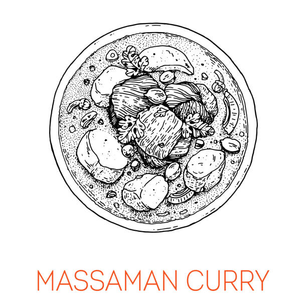 ภาพประกอบสต็อกที่เกี่ยวกับ “แกงมัสมั่นไก่ อาหารไทย ภาพประกอบเวกเตอร์ที่วาดด้วยมือ ลักษณะภาพร่าง มุมมองด้านบน ภาพประก� - พะแนง”