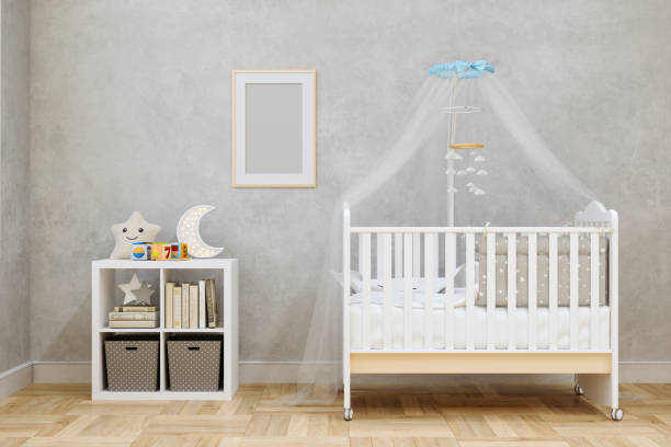 Baby Room Interior With White Crib And Toys. Empty Picture Frame On The Wall. Baby Room Interior With White Crib And Toys. Empty Picture Frame On The Wall. nursery bedroom stock pictures, royalty-free photos & images