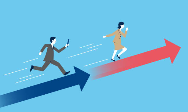 istock Paasing baton from man to woman,with arrow,blue background,business image,vector illustration 1326923485