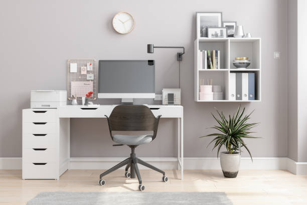 istock Home Office Interior With White Studying Desk, Desktop PC, Printer, Chair And Potted Plant 1326923672