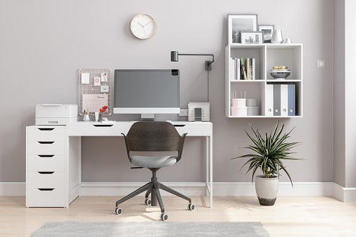 Home Office Interior With White Studying Desk, Desktop PC, Printer, Chair And Potted Plant